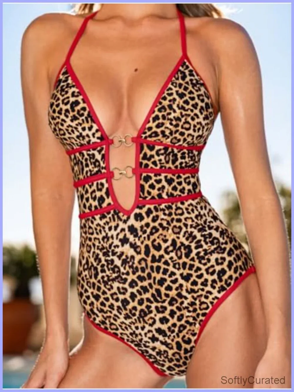 One Piece Swimsuit Plunging Halter Cutout Removable Cups Adjustable Straps O